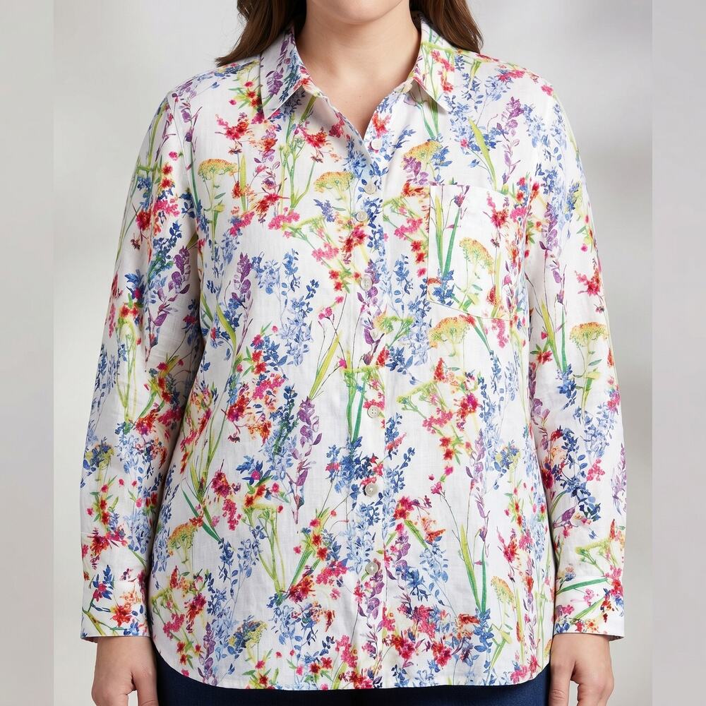 Chico's Women's Linen Floral Shirt Coastal Grandma Cottagecore Size 3 16 18